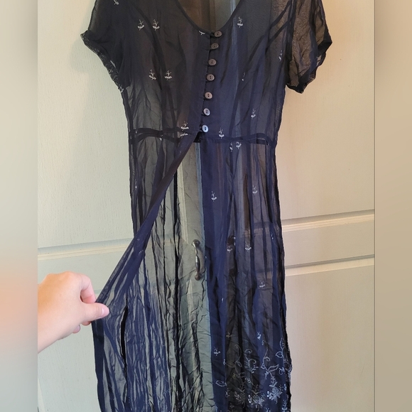 Vintage Victoria Holley Navy White Embroidered Sheer Mesh Duster Dress - Picture 3 of 7